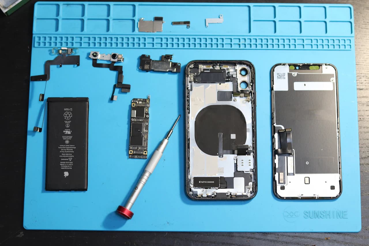 Szétszerelt iPhone, kiemelt akkumulátor és javítóeszközök kék szerelőalátéten