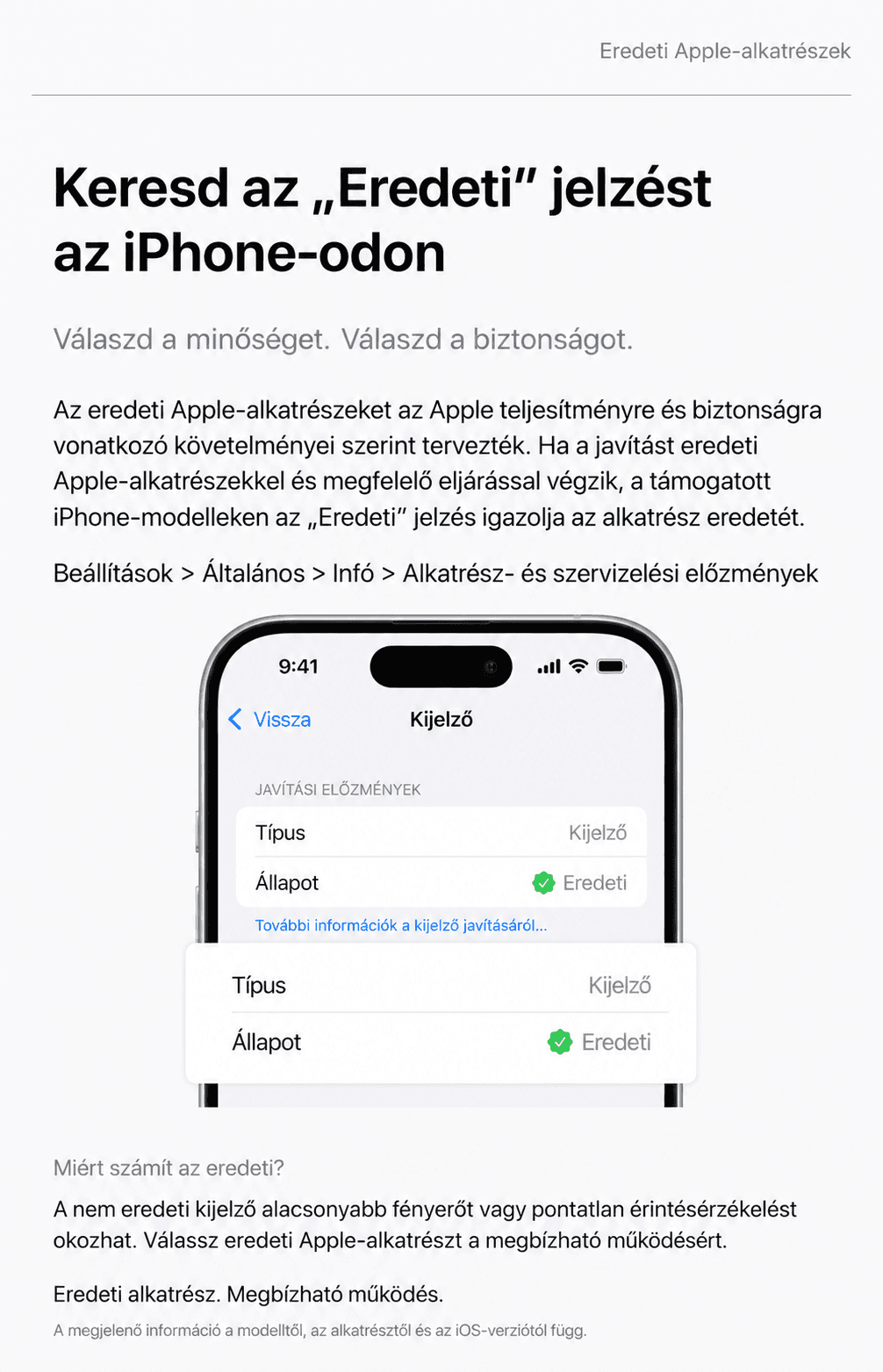 Magyar tájékoztató az eredeti Apple-alkatrészekről, az iPhone kijelzőjének Eredeti állapotjelzésével